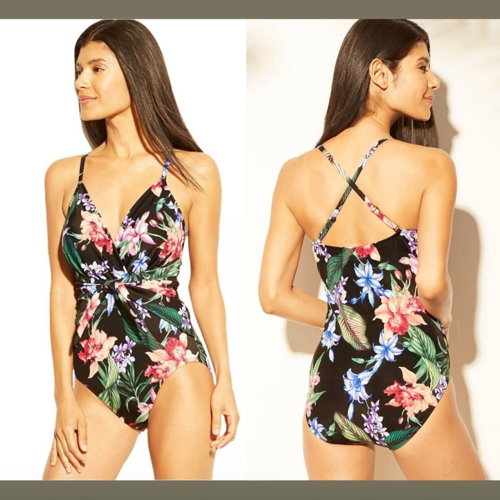 NWT $40 Aqua Green Floral Tropical Wrap One Piece Swimsuit [ SZ Small‎ ]